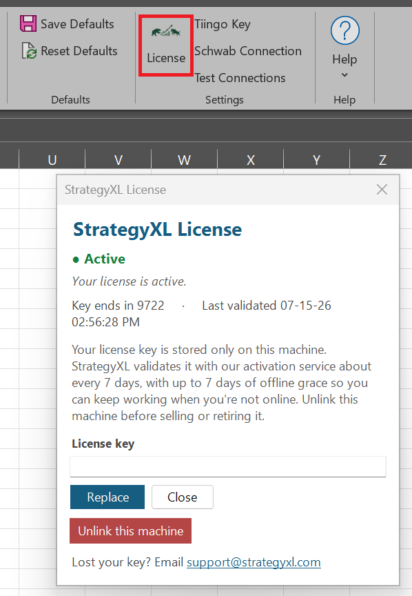 The License button on the StrategyXL ribbon and the StrategyXL License dialog below it, showing an Active status, the key-ends-in and last-validated line, a license-key field, and Replace, Close, and Unlink this machine buttons